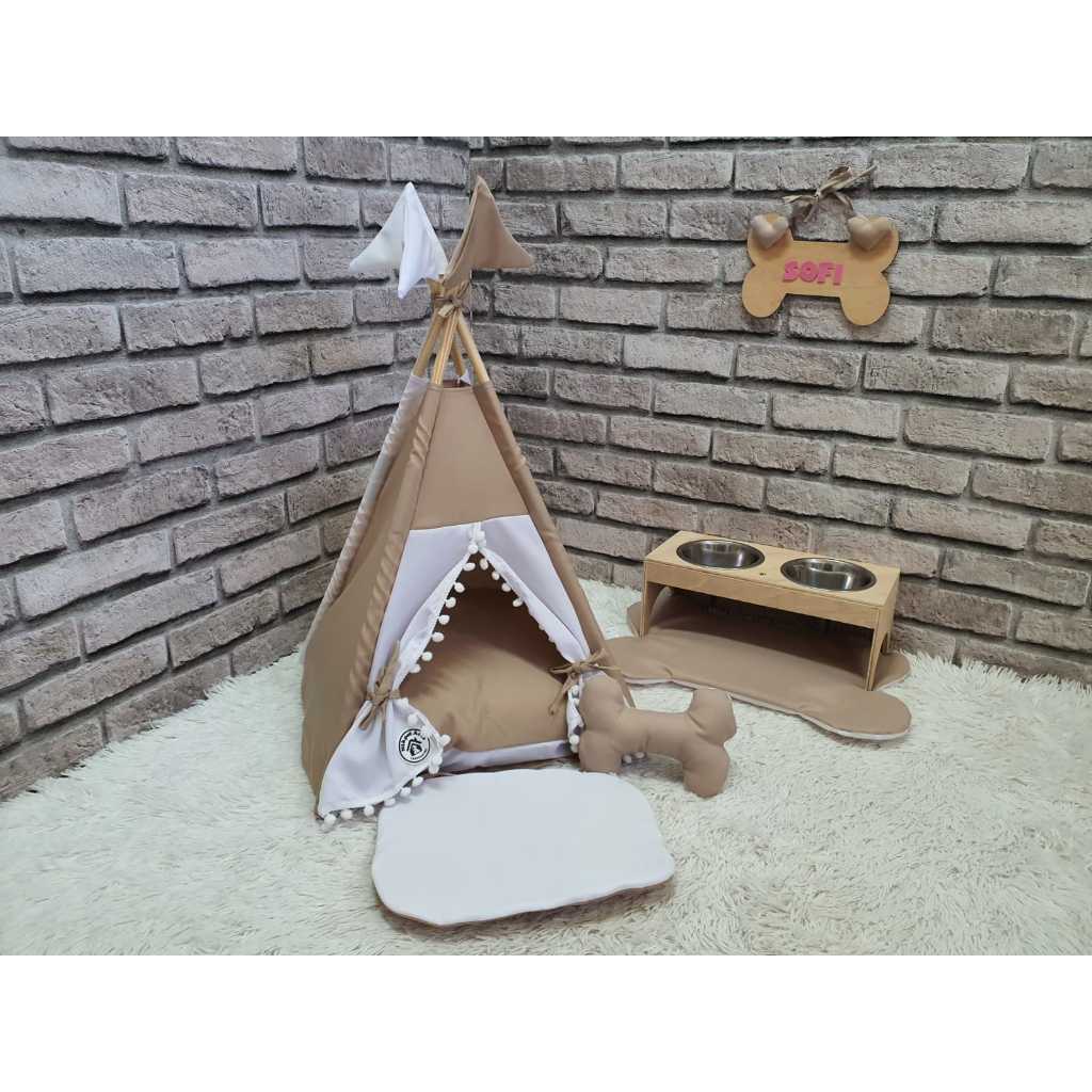 Cabana Pet Bege Caes E Gatos Kit Cachorro Comedouro Duplo Jogo Americano Cama Lavavél