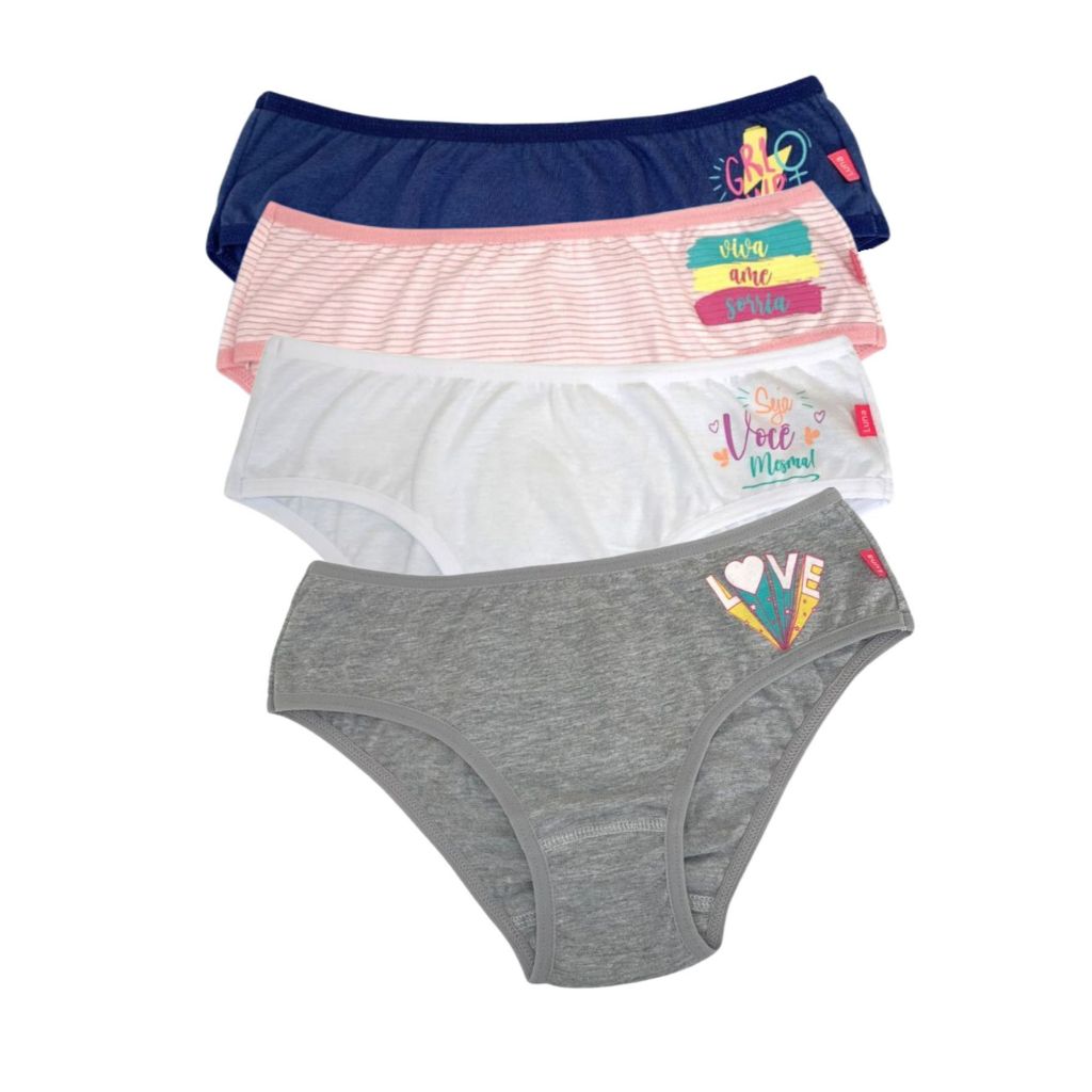 Kit c/ 4 Calcinhas Juvenil em meia malha estampada - 100% Algodão- Luna