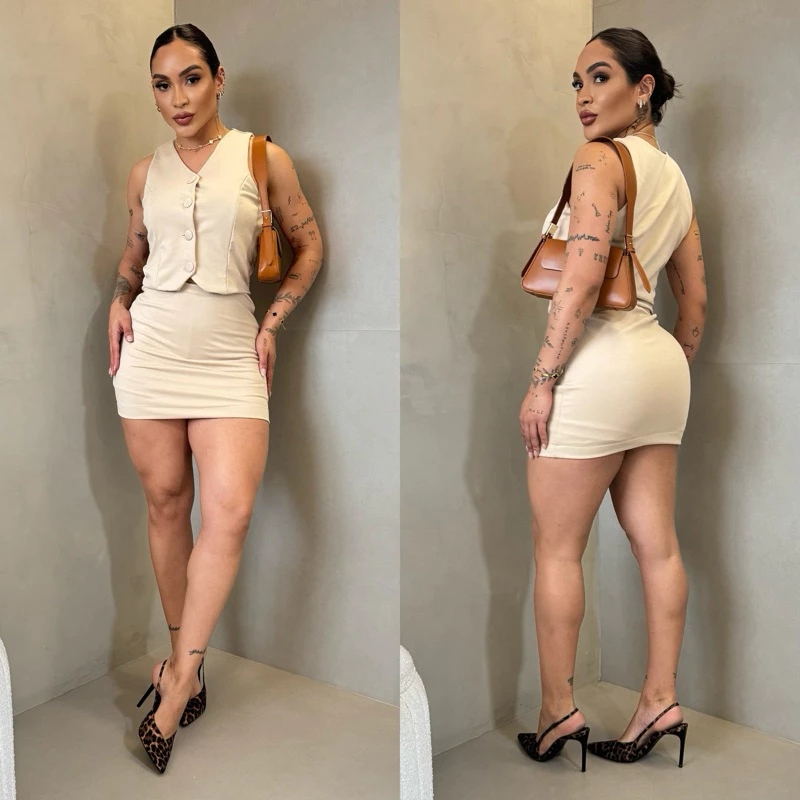 Conjunto Alfaiataria Bege Colete + Short Saia | P ao G1