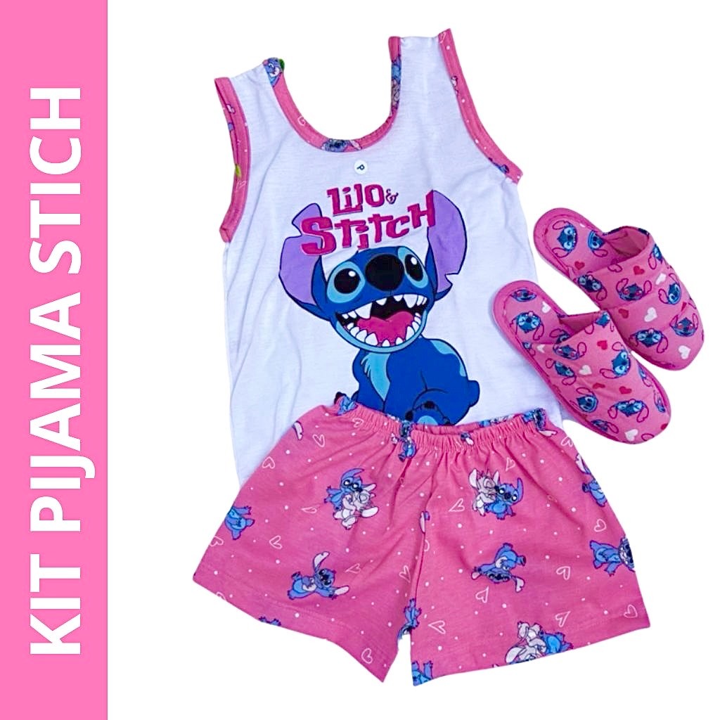 kit 1 short doll regata infantil + 1 pantufa verao personagens blogueira stich de dormir p...