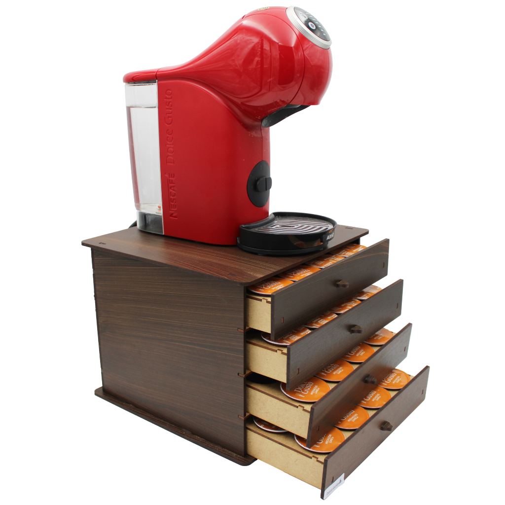 Cômoda Café Dolce Gusto Marrom MDF Com 4 Gavetas Porta Máquina E Cápsulas Decorativa