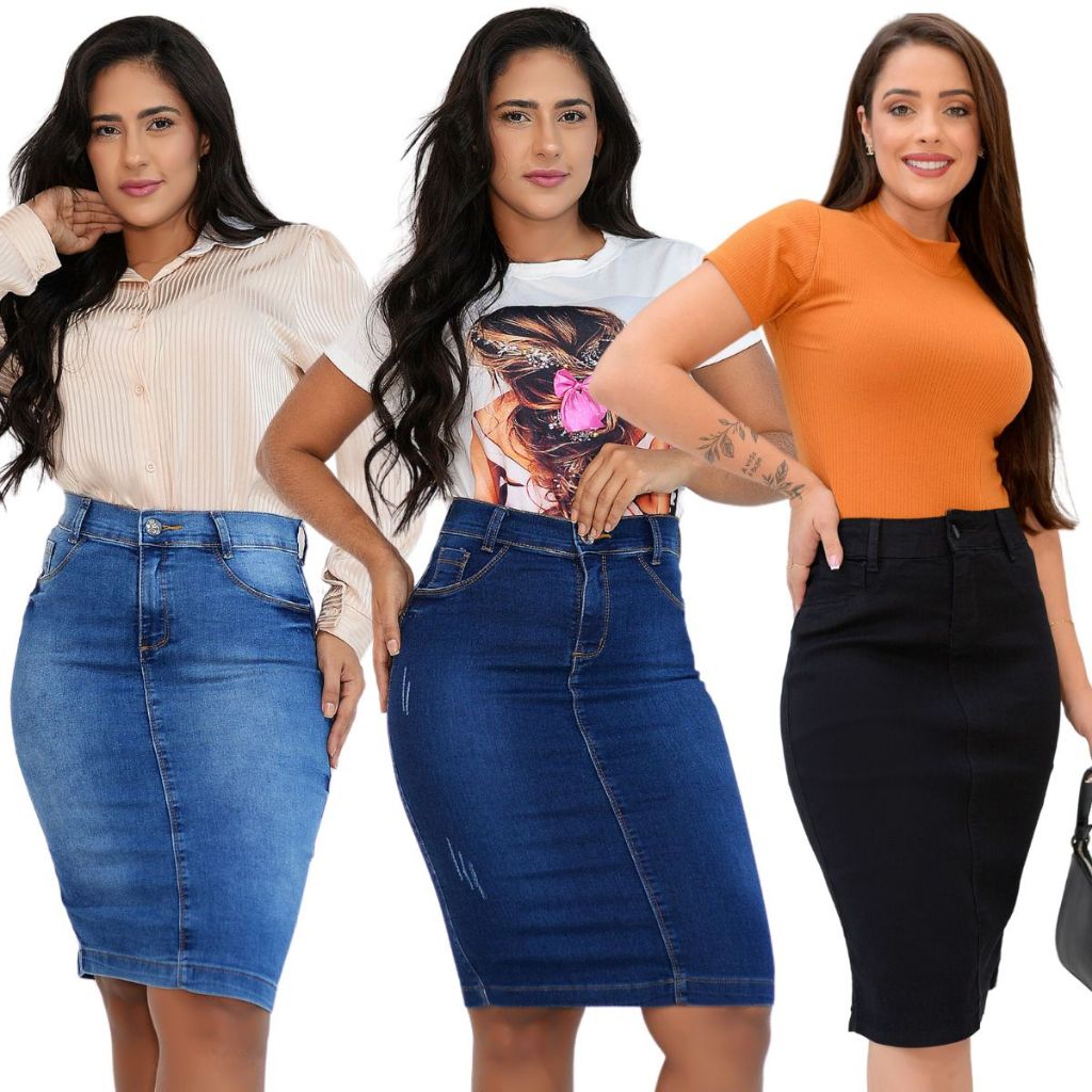 Kit 3 Saias Jeans Secretaria Jeans Com Elastano Moda Evangélica em Oferta na Shopee