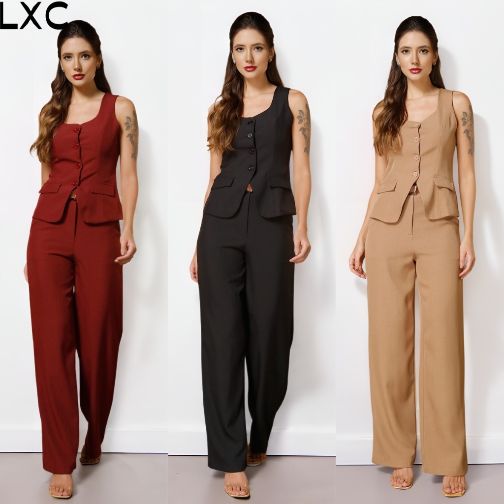 Conjunto feminino Alfaiataria Colete Com Calça Super Elegante E Confortavel tecito Twill