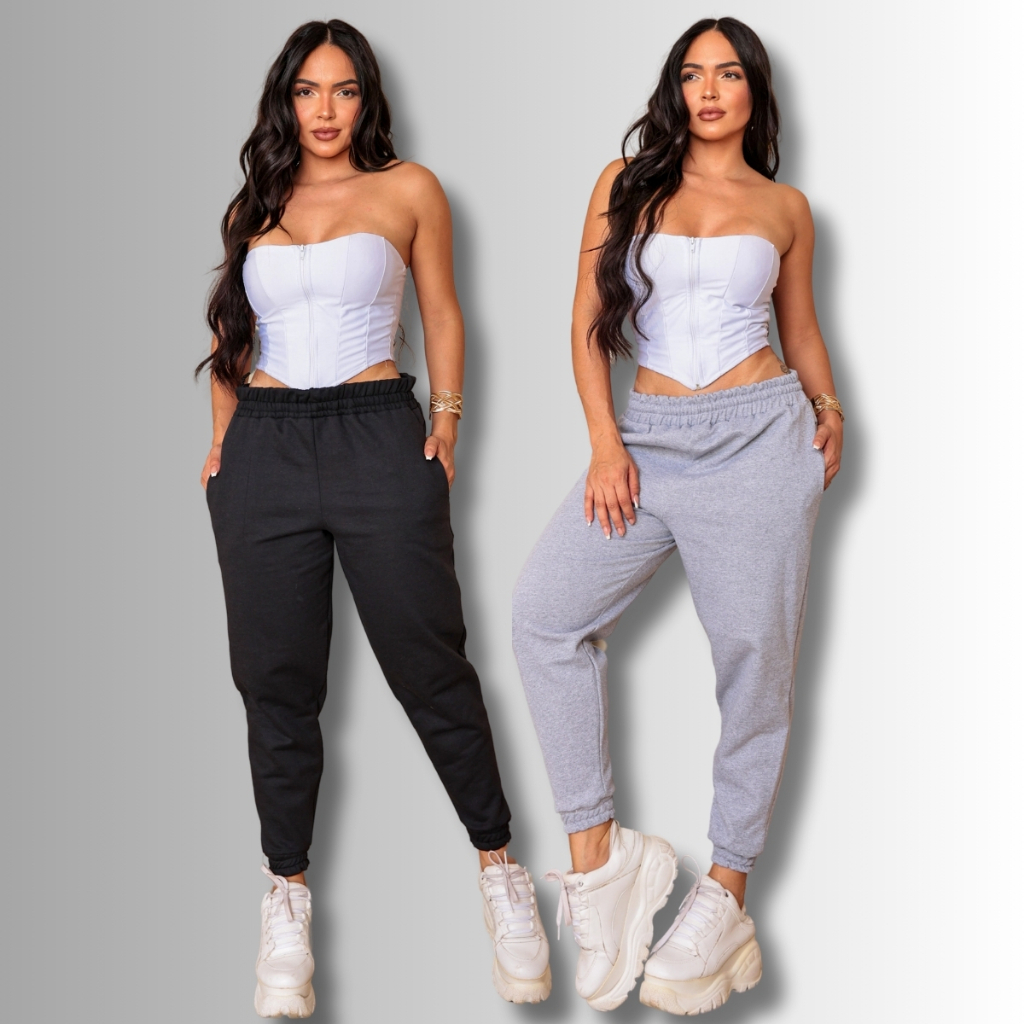 Kit 2 Calça Jogger Moletom Bolso Flanelado Feminina Cintura Alta Com Bolso