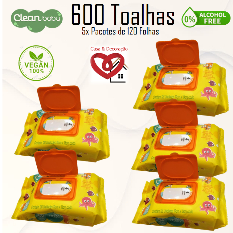 Caixa 5 Pacotes Lenços Umedecidos Clean Baby120 Folhas Com Tampinha Flip Top