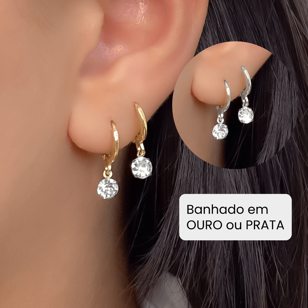 Argolinha Click Brinco de Argola com Pingente de Pedra Ponto de Luz Cristal Banhado a Prata ou Ouro