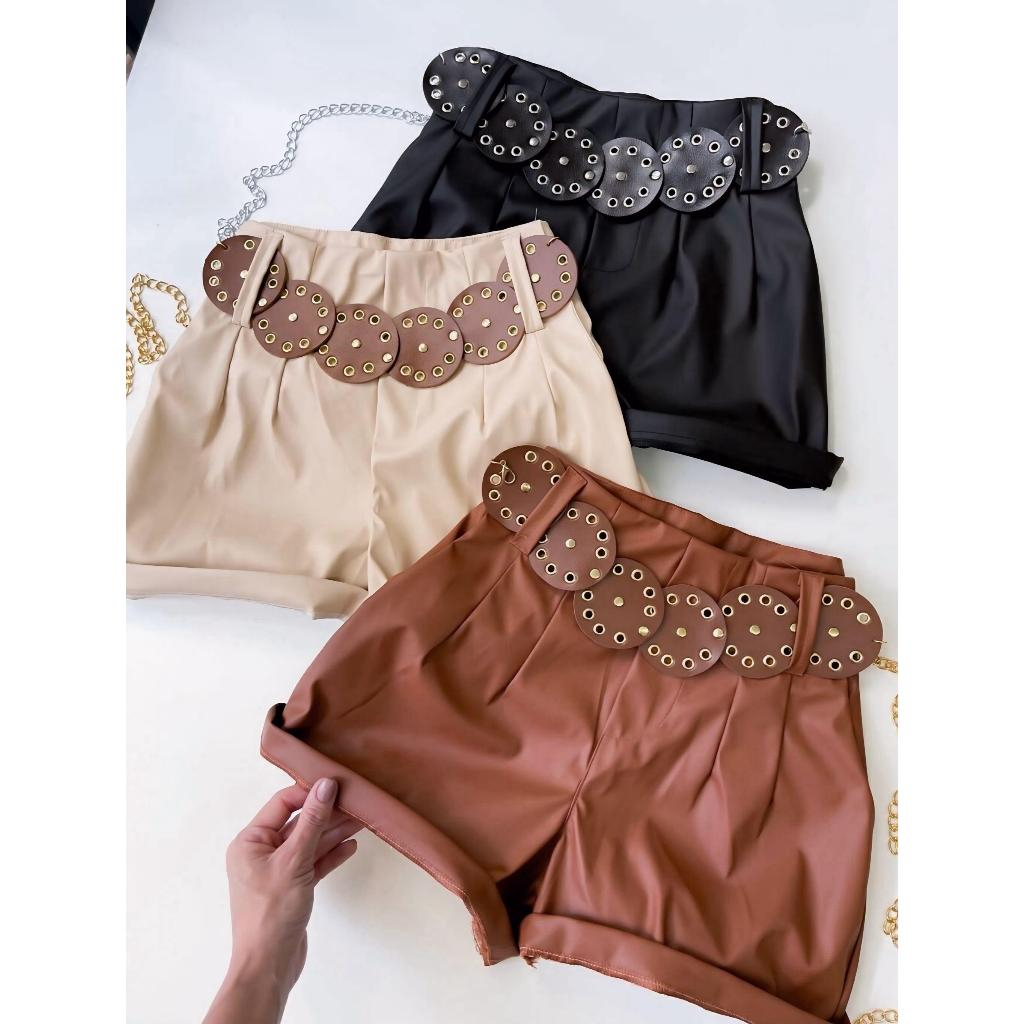 Short Feminino Couro Fake Boho Chic Cintura Alta Com Cinto Boho