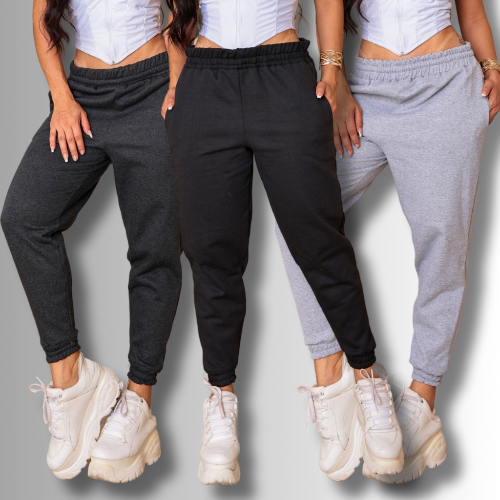 Kit 3 Calça Jogger Moletom Bolso Flanelado Feminina Cintura Alta Com Bolso