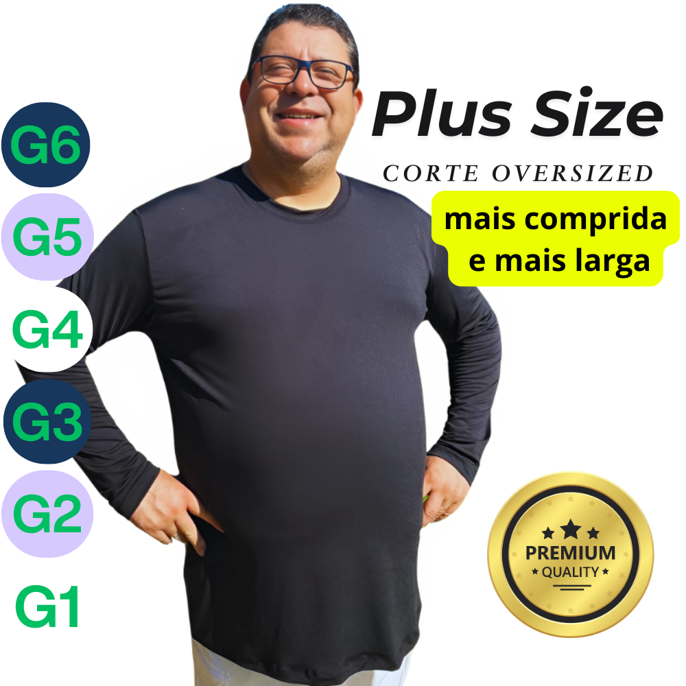 Camiseta Proteção Solar Dry Fit Plus Size Oversized Masc G6 G5 G4 G3 G2 G1 Manga Longa UV - AB