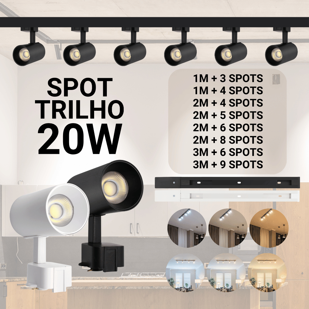 Kit Trilho Spot Led Eletrificado Preto Branco 20w Interno Bivolt Luz Branco Frio, Neutro ou Quente
