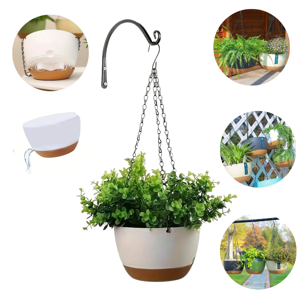 kit 4 Vaso Supenso Autodrenante  de parede  teto com Corrente e Prato  Pendurar Samambaias Orquídea