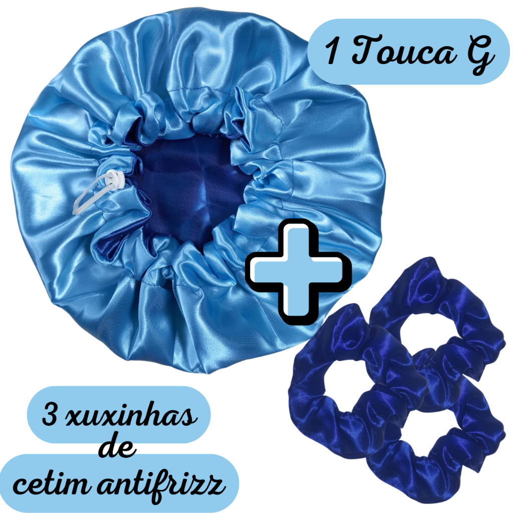 Kit Touca de Cetim Dupla Face Ajustável + 3 Xuxinha/Scrunchies de Cetim Antifrizz