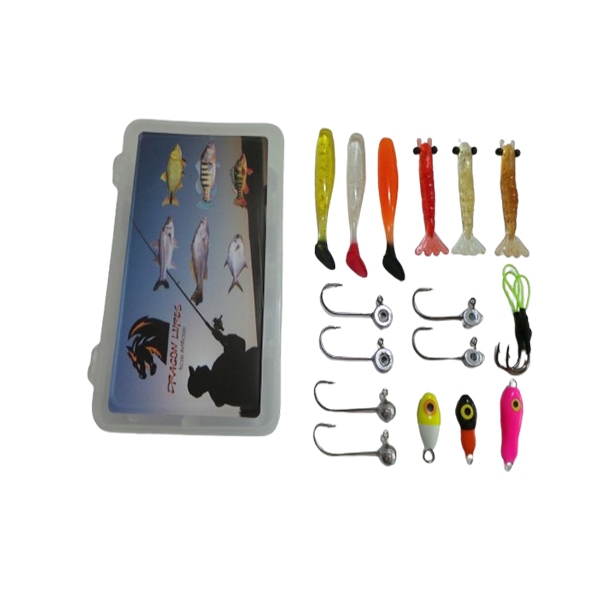 Kit Isca Artificial Pesca Ultralight Camarão Shad Micro Jig 18 peças + Estojo - Robalo Tucunaré