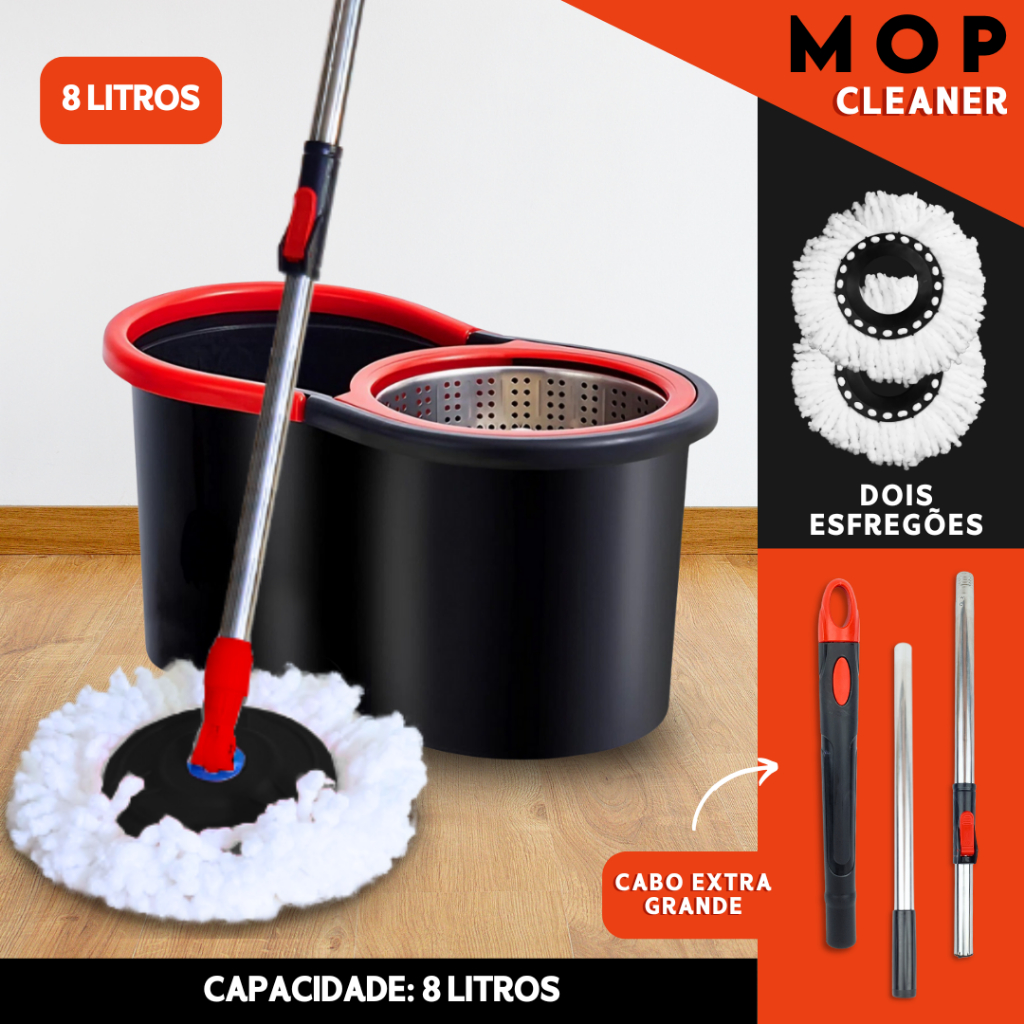 Mop C/ Cabo de 140 cm + 2 Refis - Cesto Em Inox - Balde Centrífuga - NL