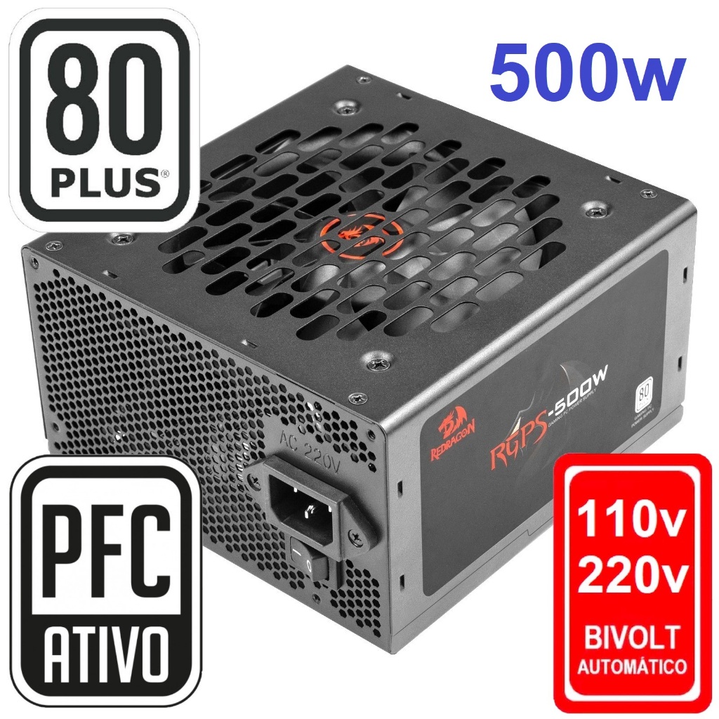 Fonte Gamer Redragon 500W REAL 80 Plus ATX PFC Ativo Full Range Bivolt automático PCI-e 8 PINOS 6+2
