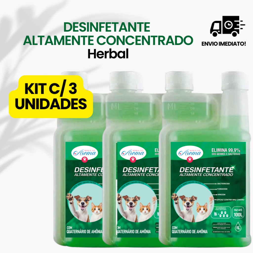Kit 3 unidades Desinfetante Concentrado Herbal Eliminador Odor Quartenario Amonia +15 Pet 1L