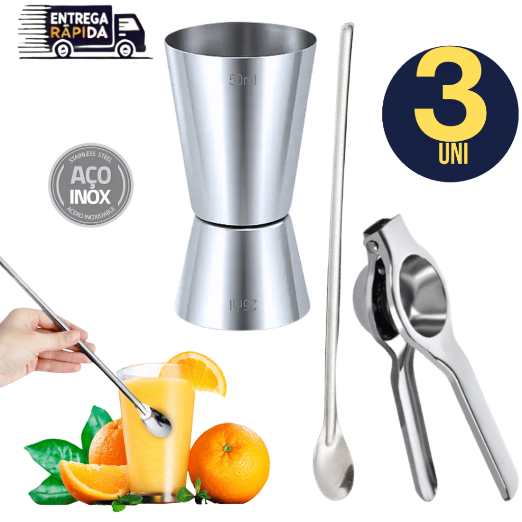 Conjunto 03 Unidades - Dosador Duplo Linha Premium + Espremedor de Limão Inox Colher para Suco 30cm Variáveis Utilidades