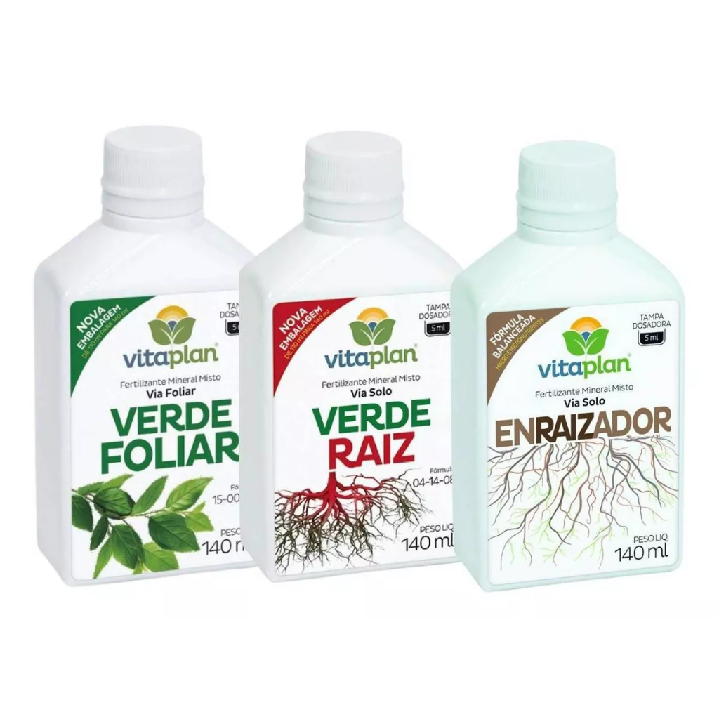 Kit Fertilizante Líquido Enraizador + Verde Foliar + Verde Raiz c/ 140ml VITAPLAN