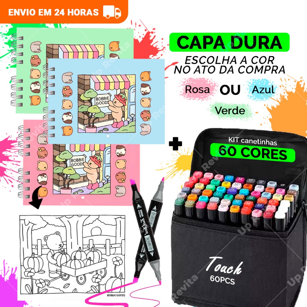Bobbie Goods Livro De Colorir + kit De 24 ou 60 Canetinhas Ponta Dupla - 55 Paginas Capa Dura
