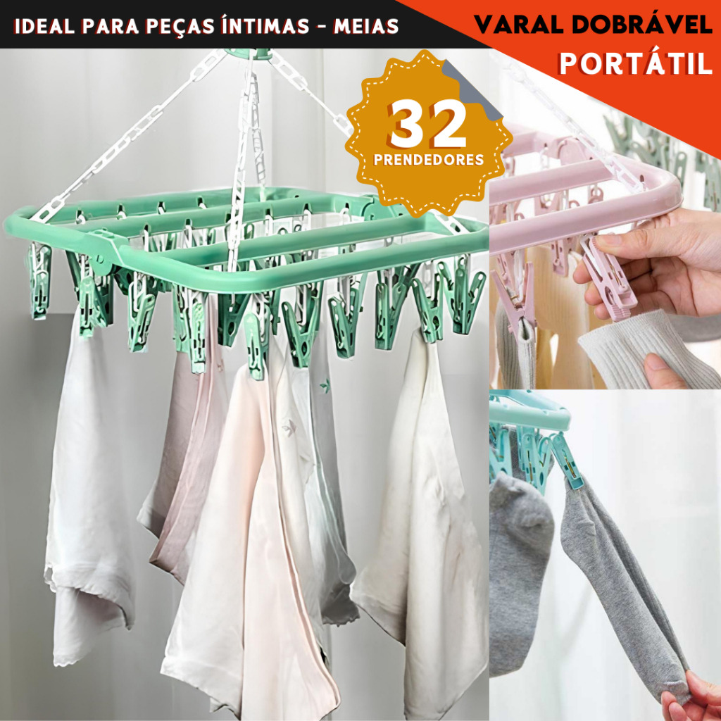 Varal Roupa Íntima Dobrável 32 Prendedores Calcinha Cueca Sutiã Meias Multiuso Portátil Apartamento