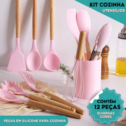 Kit Utensílios de Cozinha Silicone Cabo Madeira Resistente Calor Espátula Colher Antiaderente 4 5 ou 12 Peças