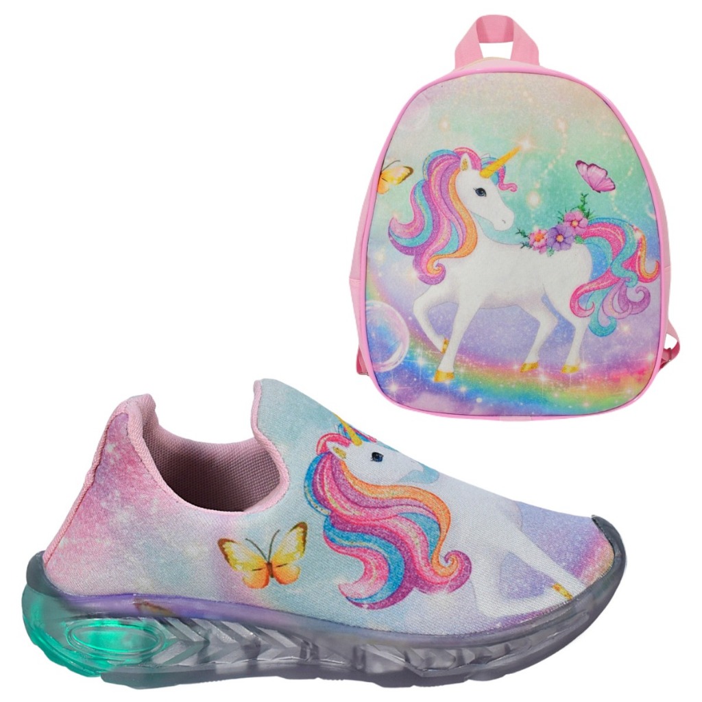 Tênis Infantil Led Feminino Unicórnio Calce Fácil Confortável + Mochila Unicórnio