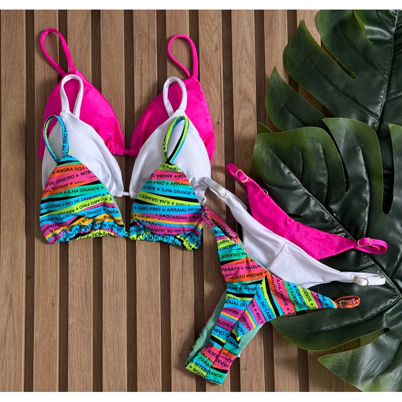 Kit 3 Biquíni Fio Dental Fita Bronze Cortininha Moda Praia Verão 2025 com bojo poliamida