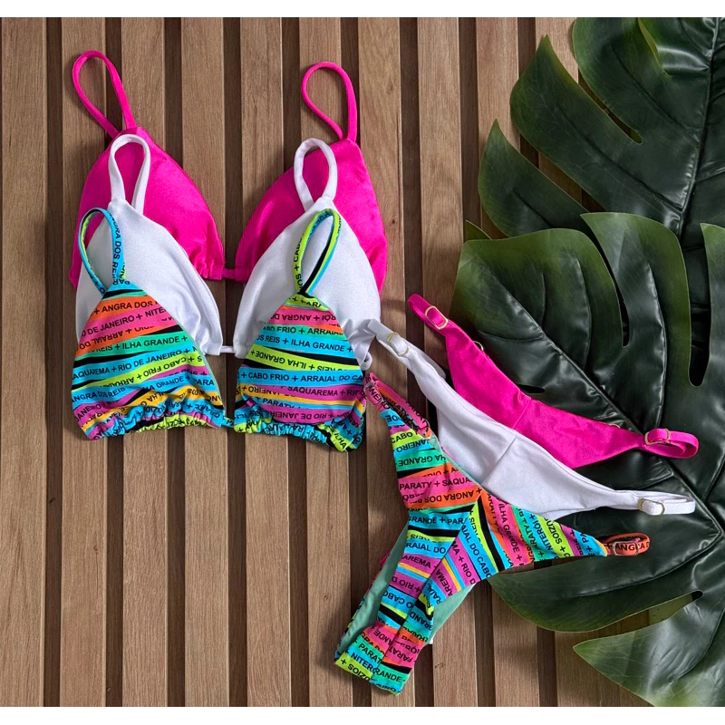 Kit 3 Biquíni Fio Dental Fita Bronze Cortininha Moda Praia Verão 2025 com bojo poliamida — imagem 1