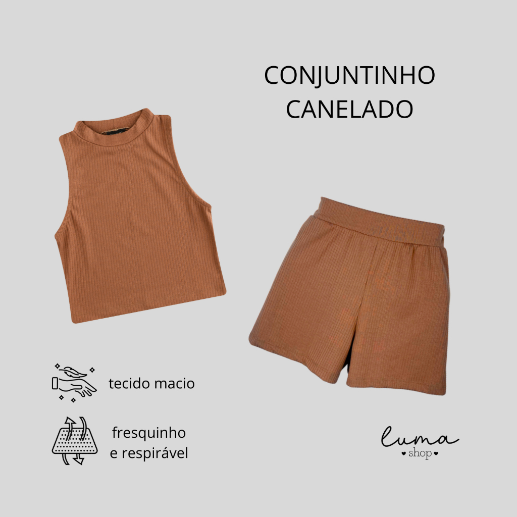 Luma Shop Conjunto Feminino 2 Peças Cropped Golinha + Shorts Cintura Alta Ribana Canelada