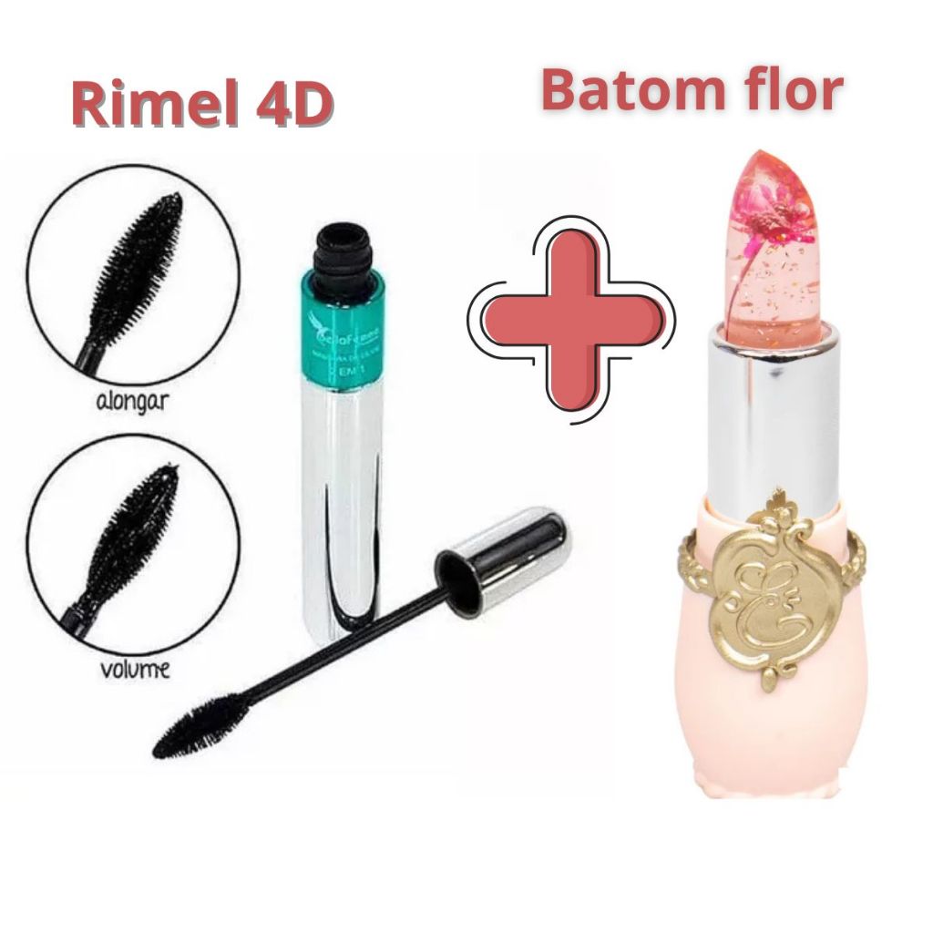 Kit Mascara de Cilios 4D Rimel a Prova D´água + Batom Flor Hidratante Lua e Neve