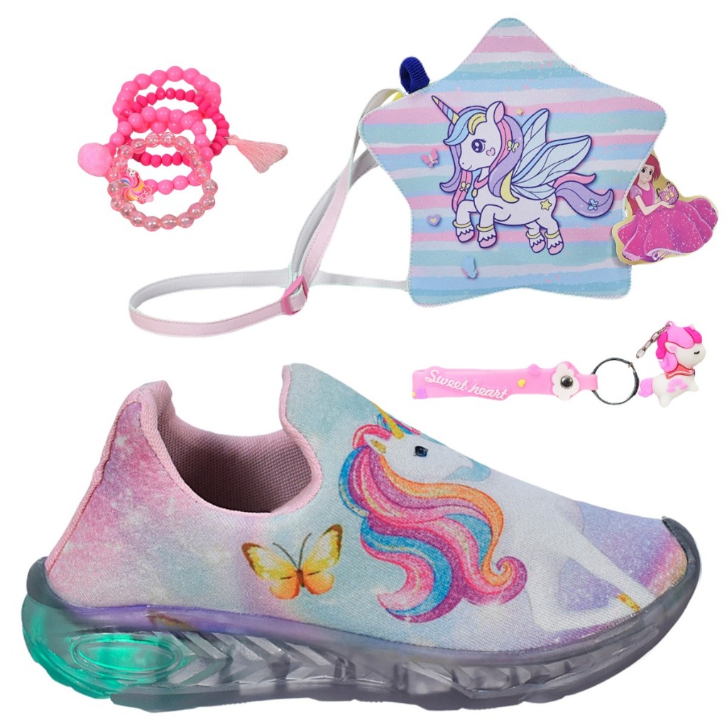 Tênis Infantil Led Feminino Unicórnio Calce Fácil Acessórios + Pulseira Chaveiro Bolsa Unic