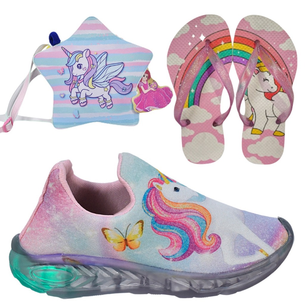 Tênis Infantil Led Feminino Unicórnio Calce Fácil Acessórios + Chinelo Bolsa Unic