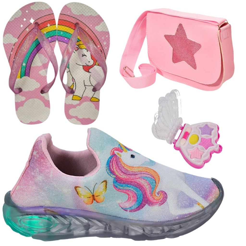 Tênis Infantil Led Feminino Unicórnio Calce Fácil + Chinelo Bolsa Estrela Paleta