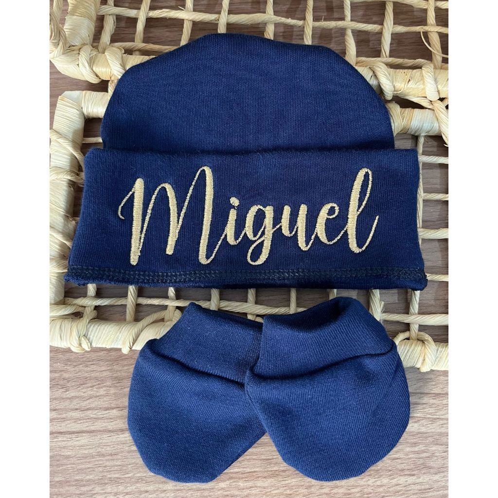 Kit Touca + Luva Algodão Personalizada Nome Bebê RN Enxoval Maternidade Menino Menina Gorro Inverno