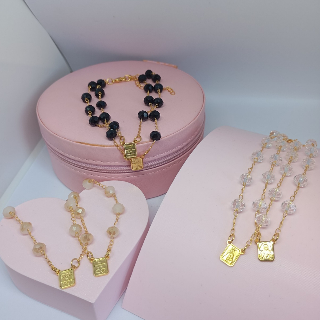 Pulseira Escapulário Folheado a Ouro 18k com Pedras em Cristais Nossa Senhora Aparecida