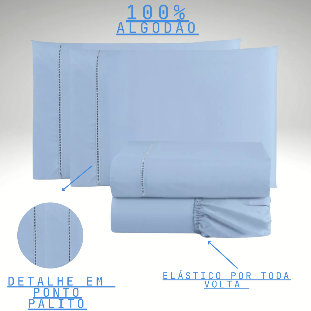 Jogo de Lençol Solteiro 2 Peças 200 fios 100% Algodão com Ponto Palito