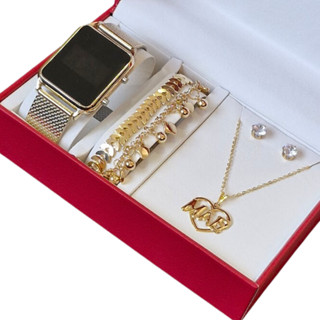 Relógio Digital Feminino Led + Colar Brincos Folheado Ouro + Pulseira C Caixa - Presente d...