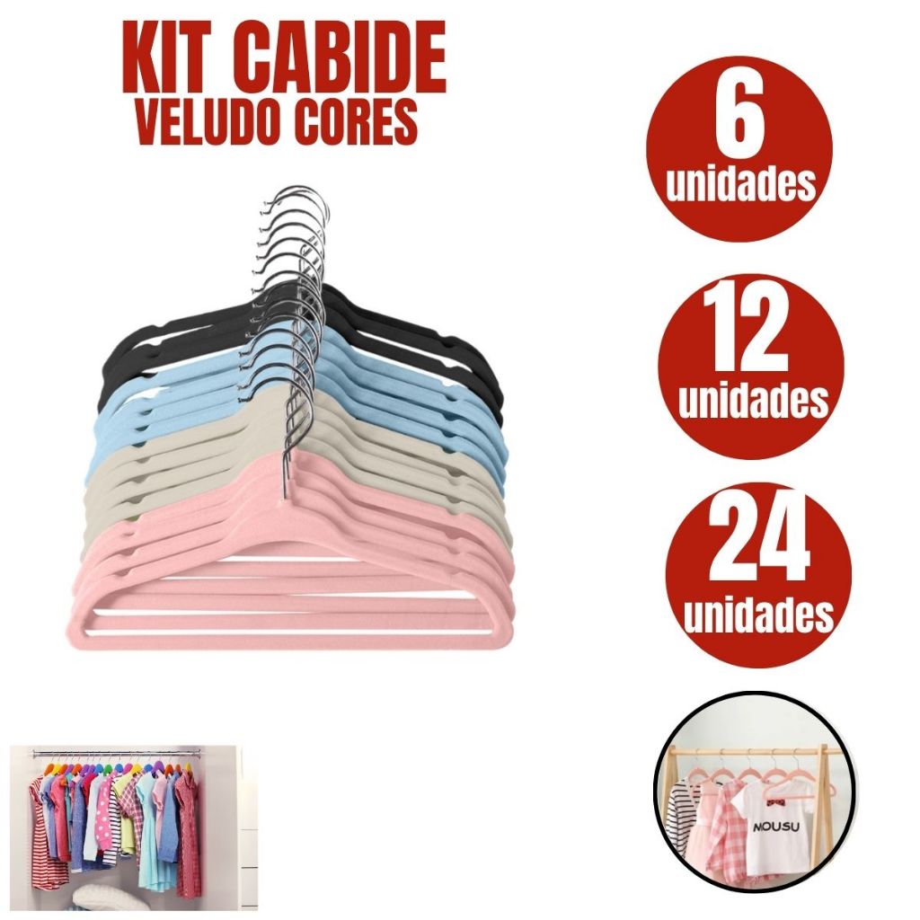 Kit Cabides Veludo Para Roupas Adulto Cores Fino Resistente 6 - 12 - 24 UNIDADES