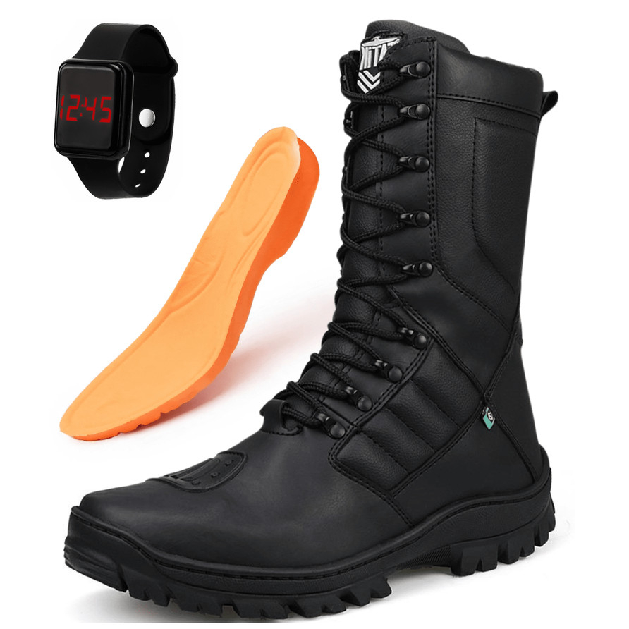 Bota Coturno Masculino Cano Alto Sintético Tatico Militar Segurança Vigilante Kit Com Relógio Digital de Pulso