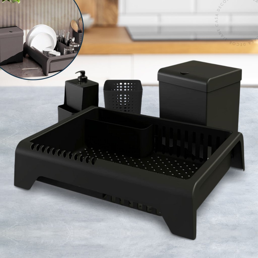 Kit Pia Cozinha 4 Peças Escorredor + Lixeira 5,4L + Porta Detergente + Porta Talher