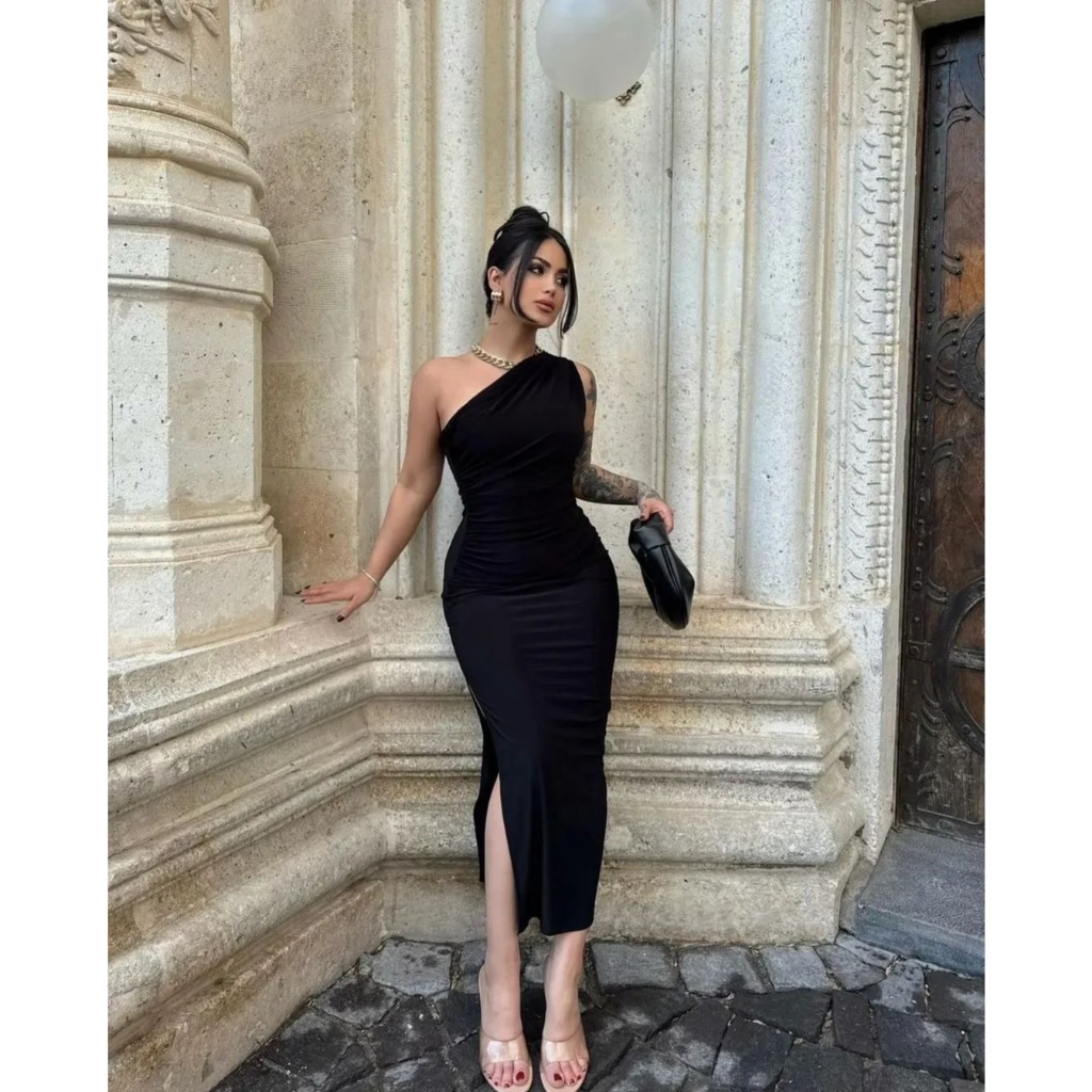 Vestido Fashion Ombro Único Moda Feminina Casual Estiloso em Oferta na Shopee