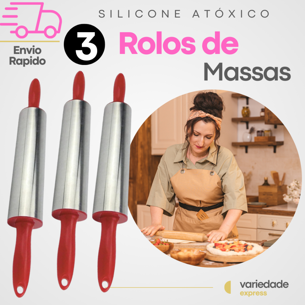 Rolo de Massa Cilindro de abrir Massa Inox com Cabo PVC 37,5cm PROMOÇÃO