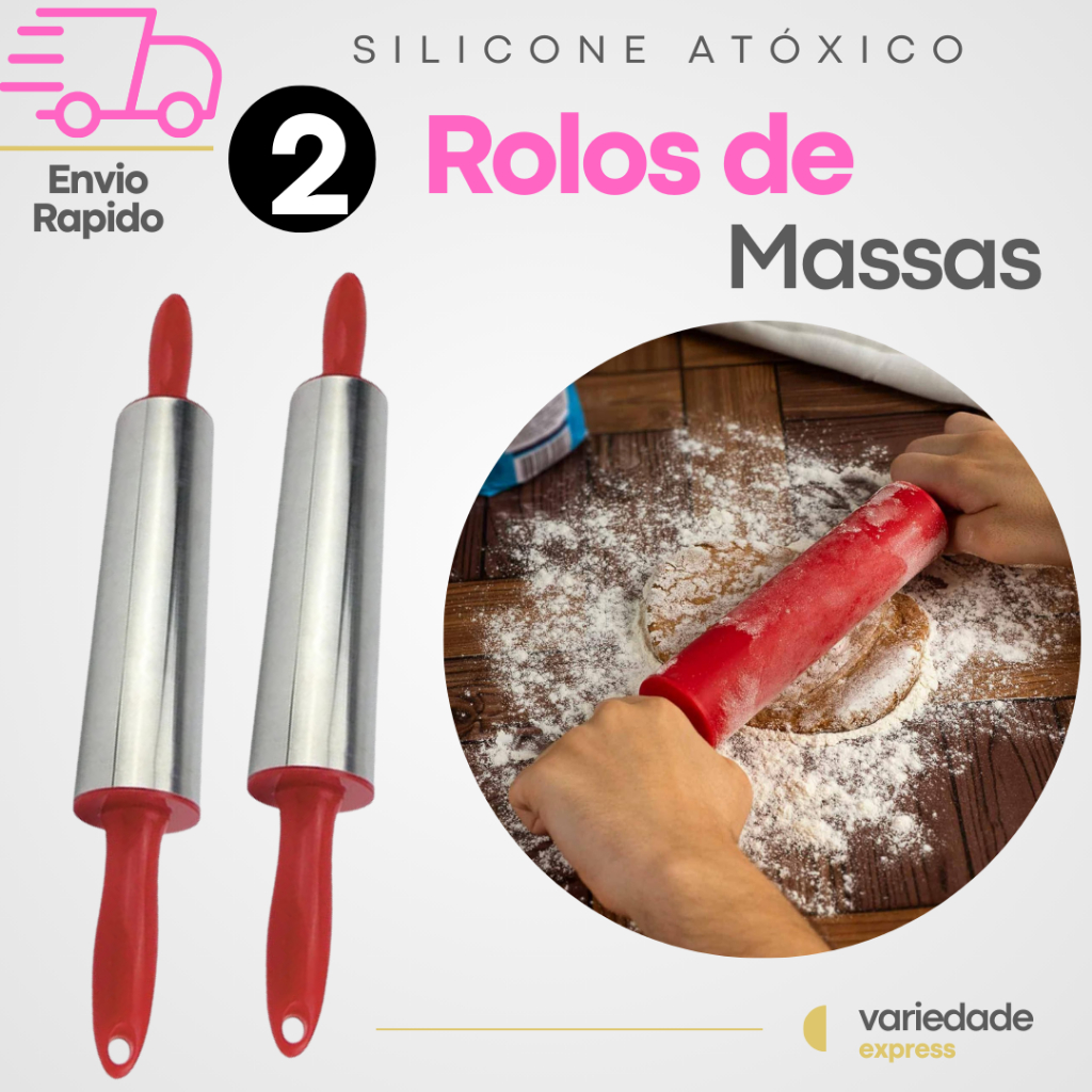 2 RoloS de Massa Cilindro de abrir Massa Inox com Cabo PVC 37,5cm