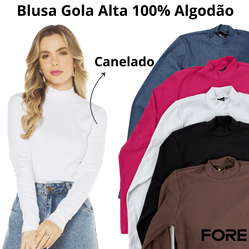 Blusa Manga Longa Gola Alta Canelada Feminina Básica 505245-A em Oferta na Shopee