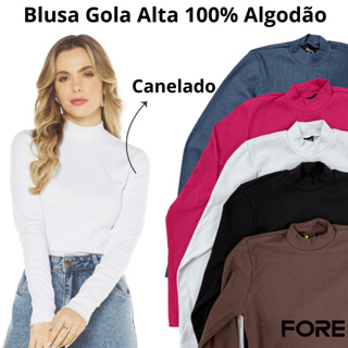 Blusa Manga Longa Gola Alta Canelada Feminina Básica 505245-A em Oferta na Shopee