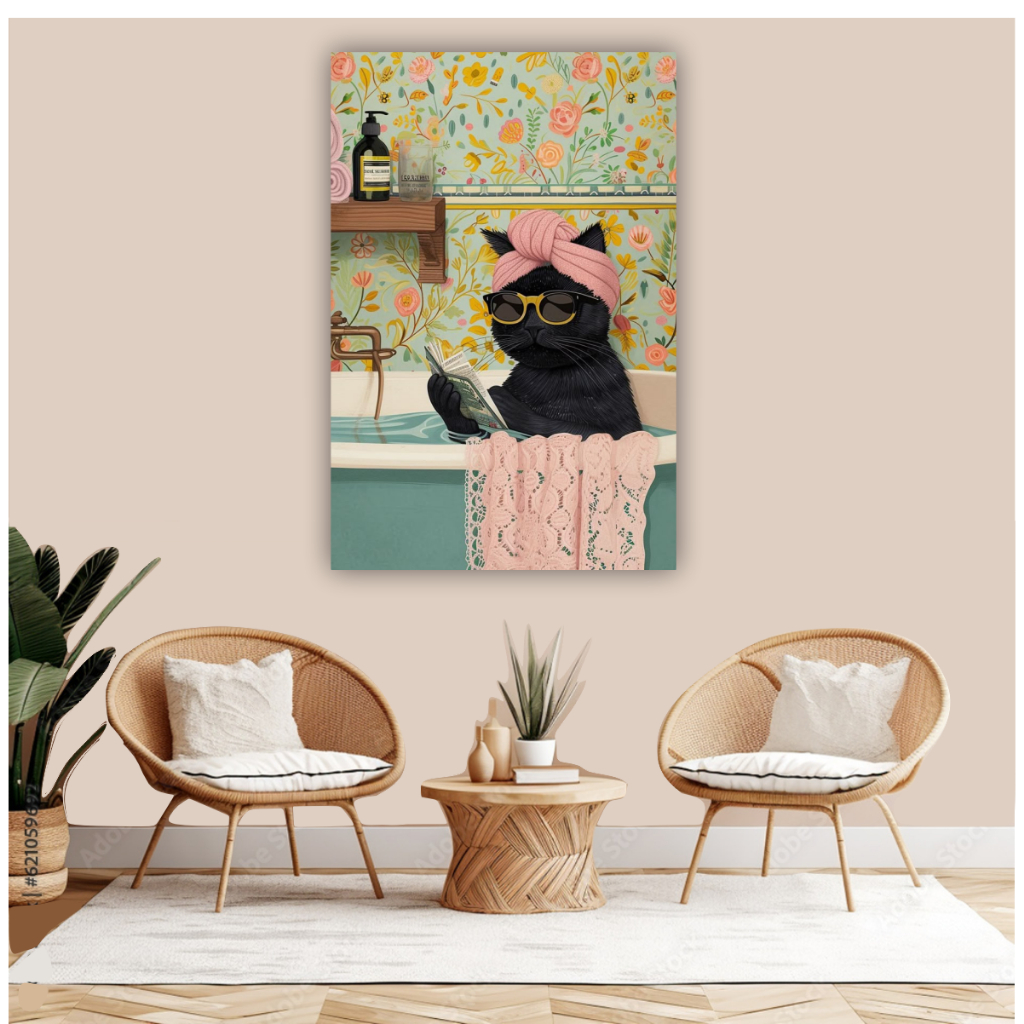 Quadro decorativo gatinha na banheira gato decoração para banheiro pet shop
