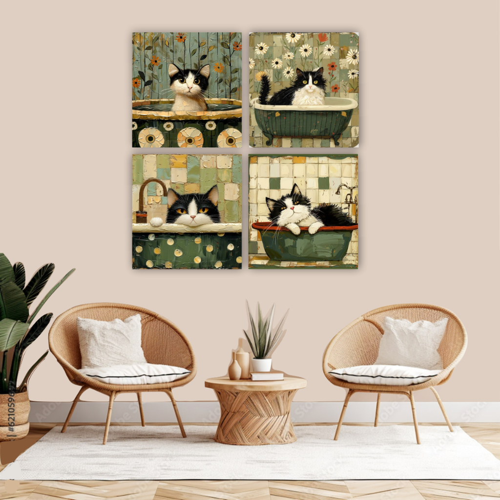 Quadro decorativo 4 peças gatinho na banheira gato fofinho decoração para banheiro pet shop