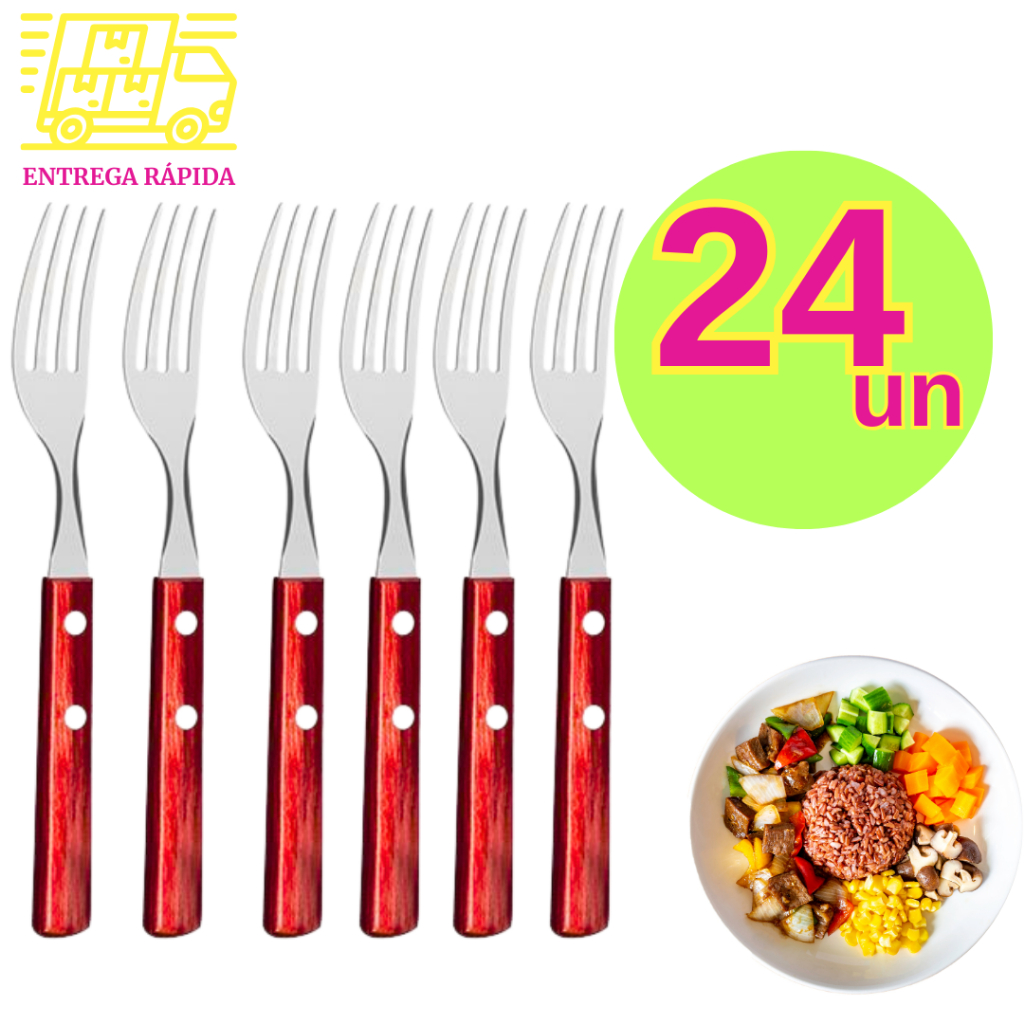 Kit 24 Garfos Aço Inox Serra Serrilha Premium Cabo de Madeira Cozinha Mesa para Casas Restaurantes