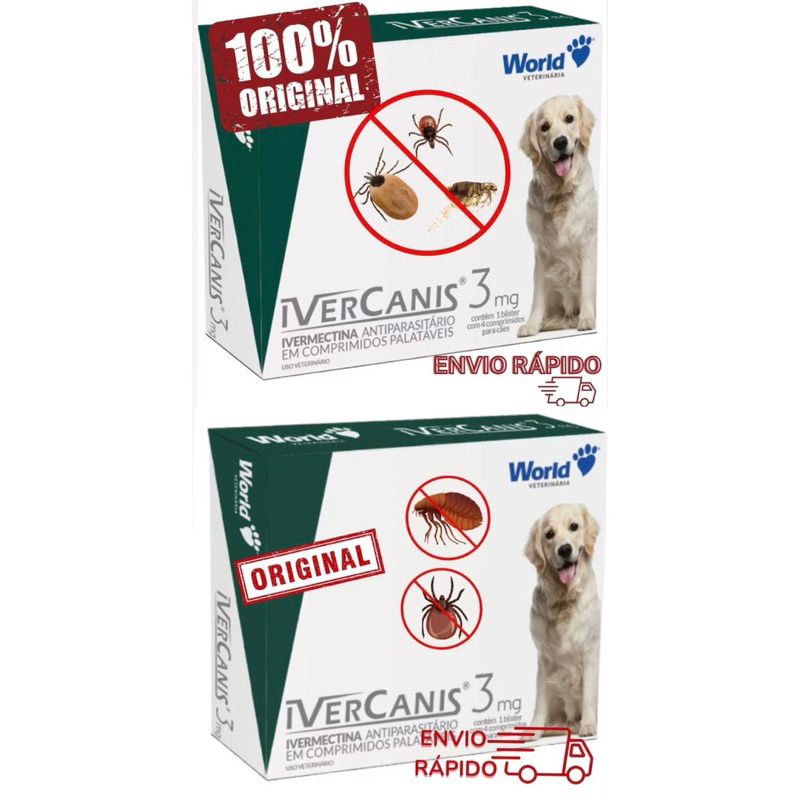 Kit C/ 2 Remédio para carrapato, pulgas, sarna e Coceiras Ivercanis 3mg C/4 Comprimidos - World