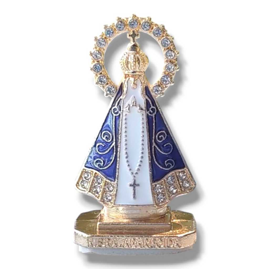 Imagem Nossa Senhora Aparecida Metal Dupla Face com Coroa Strass Religiosa Decorativa Altar Presente Fé Proteção
